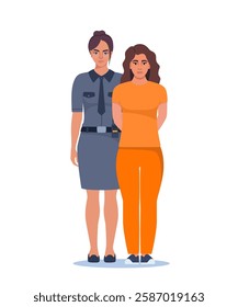 Woman police officer holding handcuffed criminal woman in orange prison uniform. Prisoner standing with police officer.