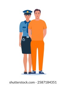 Woman police officer holding handcuffed criminal in orange prison uniform. Prisoner standing with police officer.