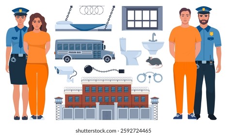 Woman police officer holding handcuffed criminal woman in orange prison uniform. Prison elements. Penitentiary system icons.