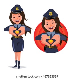Woman police officer making a heart with her hands. take care people - vector illustration
