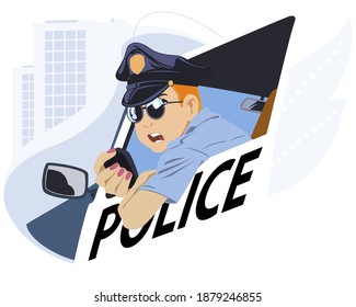 Woman Police Officer Talking On Radio. Funny People. Stock Illustration. 