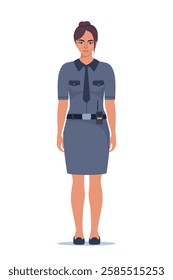 Woman police officer in uniform standing in front view. Profession people concept. Job at police station. Policeman character.