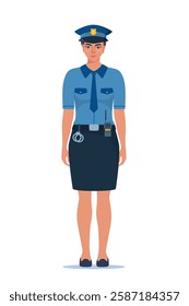 Woman police officer in uniform standing in front view. Profession people concept. Job at police station. Policeman character.