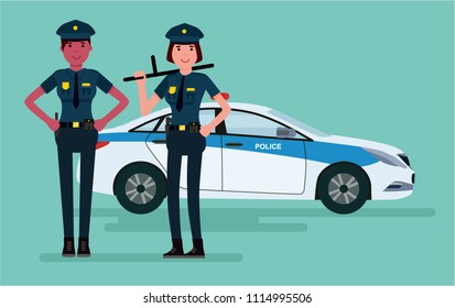 Woman police officers. Guardians of order. Vector flat design illustration isolated on white background.