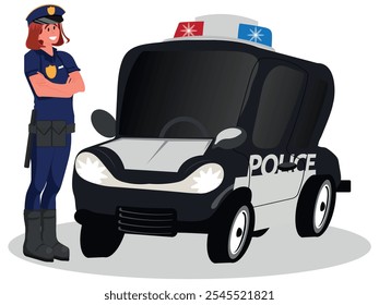 Mujer con uniforme de policía al lado de un coche de policía, Ilustración vectorial.