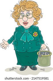 Woman politician with a bucket full of nails, vector cartoon illustration isolated on a white background