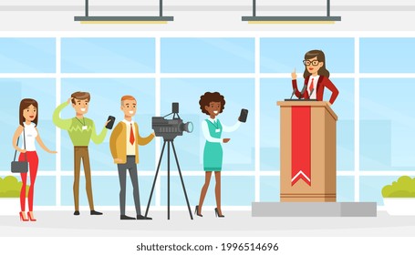 Woman Politician Giving Speech During Election Campaign, Candidate Giving Speech in front of Audience and Journalists Vector Illustration