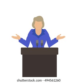 Woman politician stands behind the podium, throws up his hands. Vector flat