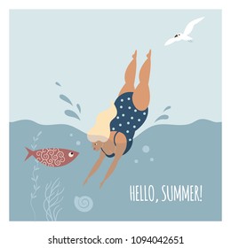 Woman in polka-dot swim suit dives . Vector flat cartoon illustration