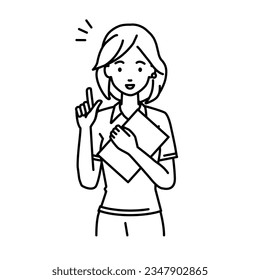 a woman in polo shirt getting ideas standing with document pointing hand gesture