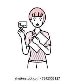 a woman in polo shirt holding a credit card and a document file laptop