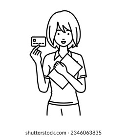 a woman in polo shirt holding a credit card and a document file laptop