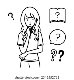 a woman in polo shirt holding a question standing with her finger on her chin question mark set