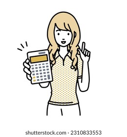a woman in polo shirt recommending, proposing, showing estimates and pointing a calculator with a smile