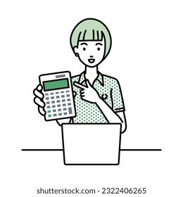 a woman in polo shirt recommending, proposing, showing estimates and pointing a calculator with a smile in front of laptop pc
