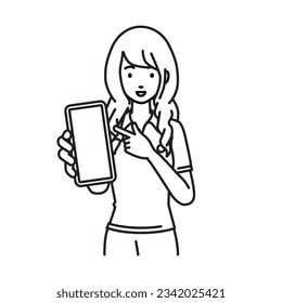 a woman in polo shirt recommending, proposing, showing and pointing smart phone mock-up screen with a smile