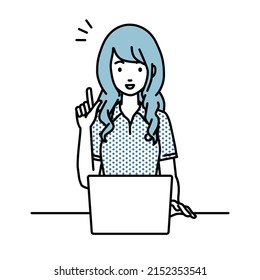 a woman in polo shirt using laptop computer getting ideas with pointing hand gesture at her desk