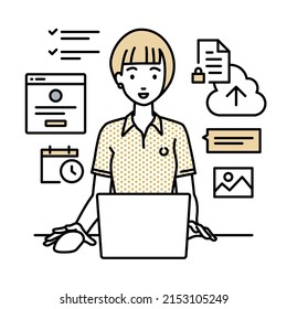a woman in polo shirt using laptop computer for browsing web sites, researching, sharing files on cloud, scheduling, managing projects, organizing tasks, and communicating with team at her desk