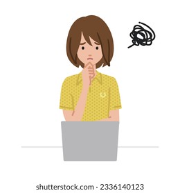 a woman in polo shirt using laptop computer having trouble with her finger on her chin at her desk