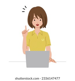 a woman in polo shirt using laptop computer getting ideas with pointing hand gesture at her desk