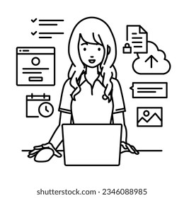 a woman in polo shirt using laptop computer for browsing web sites, researching, sharing files on cloud, scheduling, managing projects, organizing tasks, and communicating with team at her desk