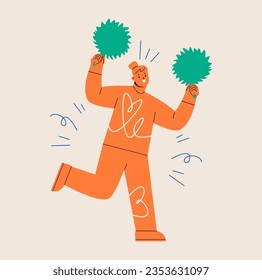 Woman with pom poms in her hands supporter cheering for a sport team. Colorful vector illustration
