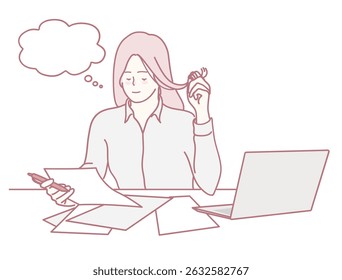 Una mujer reflexiona sobre varios papeles mientras trabaja en su computadora portátil en un entorno moderno y sofisticado