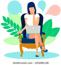 A woman ponders the solution to the problem behind a laptop. In minimalist style Cartoon flat Vector Illustration
