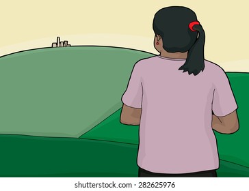 Woman with pony tail and city on green hill