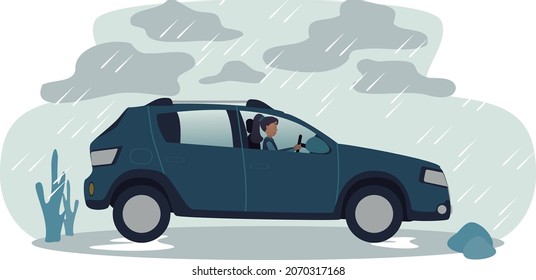 Woman with ponytail driving a teal car under the rain in flat vectorial cartoonist style