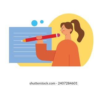 A woman with a ponytail and glasses is working as a writer. Character design. Vector flat illustration