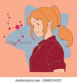 Woman with ponytail hair, holding hands. Sagittarius zodiac, astrological sign, constellation, word and star. Hand drawn flat cartoon character vector illustration.