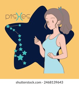 Woman with ponytail hair. Pisces zodiac, astrological sign, constellation, word and star. Hand drawn flat cartoon character vector illustration.