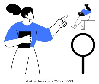 Woman with ponytail holding a tablet points, while another woman with a laptop sits on a table. Magnifying glass icon below. Ideal for education, teamwork, collaboration, analysis, leadership
