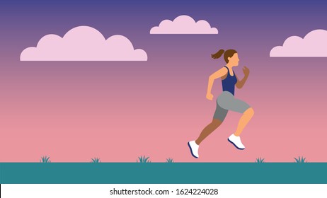 Woman with ponytail jogging over a green meadow at dawn flat design