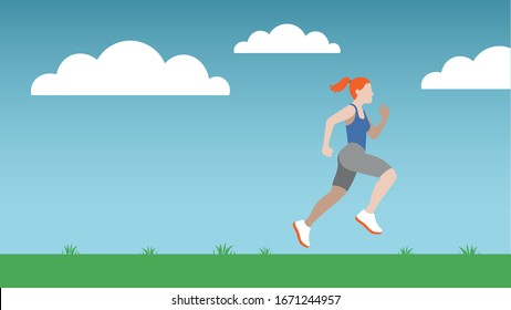 Woman with ponytail jogging over a green meadow flat design