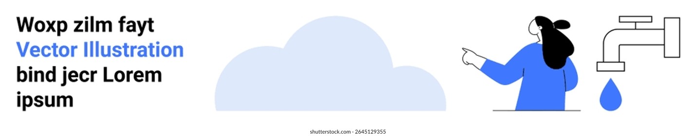 Woman with ponytail pointing at a water droplet falling from faucet. Cloud in background. Ideal for water conservation, environment, climate change, sustainability, education, awareness campaigns