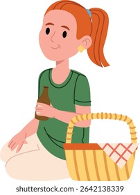 A woman with a ponytail sits on the ground holding a drink next to a picnic basket in a flat style. She relaxes with a beverage beside a woven basket and checkered cloth. Cartoon vector illustration.