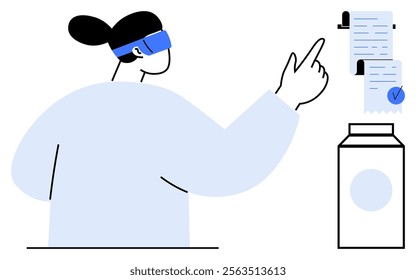 A woman with a ponytail wearing AR glasses points at floating virtual documents beside a carton. Ideal for technology advancements, augmented reality, digital interaction, virtual documents, future