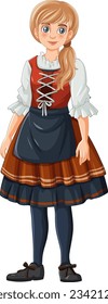 A woman with a ponytail wearing a traditional German Bavarian outfit is illustrated in a vector cartoon style
