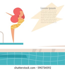 Woman in the pool. Isolated illustration on white background. Vector. Cartoon. Flat. Place for text. Swimming.