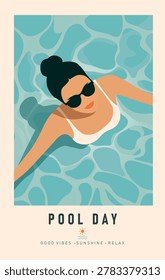 Woman in the Pool. Stylish vector illustration of a relaxing woman on vacation in the pool wearing sunglasses. Perfect for summer designs, pool party, spa, social media graphics, resort brochures
