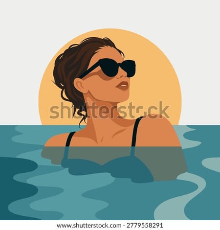 Woman in the pool. Stylish vector illustration of a beautiful woman in sunglasses relaxing in the pool on vacation. Use for travel, summer design, summer event promotion, advertising, party flyers