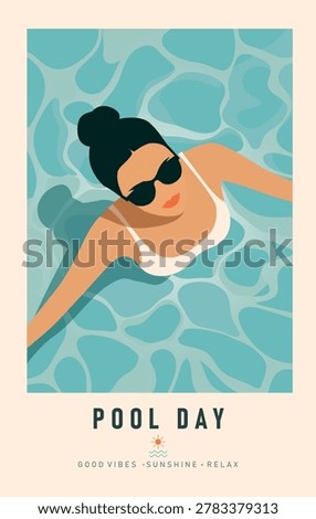 Woman in the Pool. Stylish vector illustration of a relaxing woman on vacation in the pool wearing sunglasses. Perfect for summer designs, pool party, spa, social media graphics, resort brochures