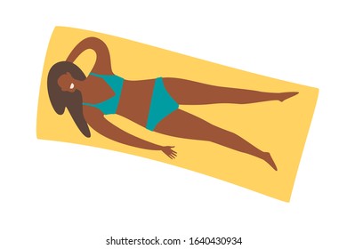 Woman rest near the pool vector illustration. Young beautiful girl relaxes. Summer holiday rest concept. Summer relax and outdoor activities. Flat cartoon style, isolated on white background