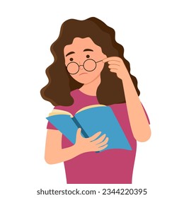 Woman with poor eyesight reading book in flat design on white background.