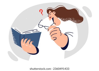 Woman with poor eyesight reads book and takes off glasses to see small print or drawing in textbook. Girl suffering from problems with eyesight and farsightedness needs to go to ophthalmologist