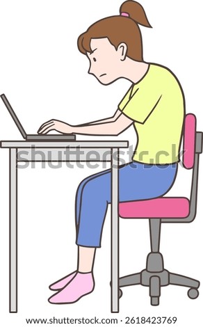 Woman with Poor Posture and Slouching While Using Laptop at Desk