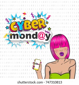 Woman pop art pink hair surprise wow face hold phone. Comic text shop computer sale message. Popart kitsch design vector speech bubble vintage colored smartphone. Cyber Monday advertise poster banner.