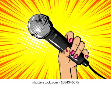 Woman pop art style fashion. Girl hand hold microphone cartoon vector illustration. Retro poster comimc book performance. Entertainment halftone background.